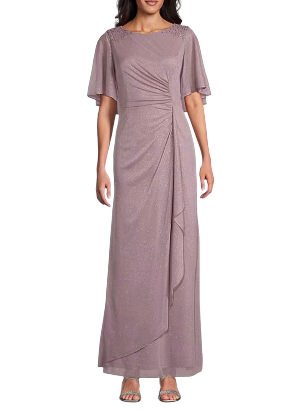 Ignite Evenings Mauve Glitter Mesh Flutter Sleeve Formal Gown Dress 16 Gala